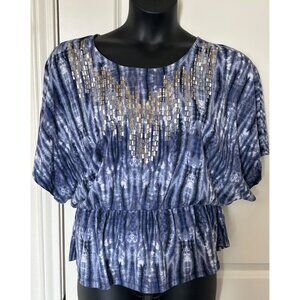 Miss Tina Tie-Dye Blue Blouse With Sequin Embellished Front & Elastic Waist L